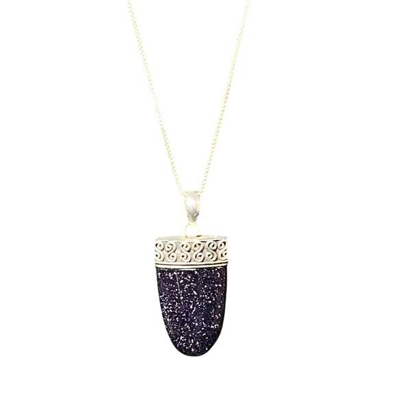 925 Sterling Silver Purple Goldstone Pendant Necklace 20” Box Chain Boho Artisan - Picture 6 of 10